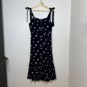Forever 21 Womens Floral Tie Strap Midi Dress Size L Black Blue Ruffle Sundress